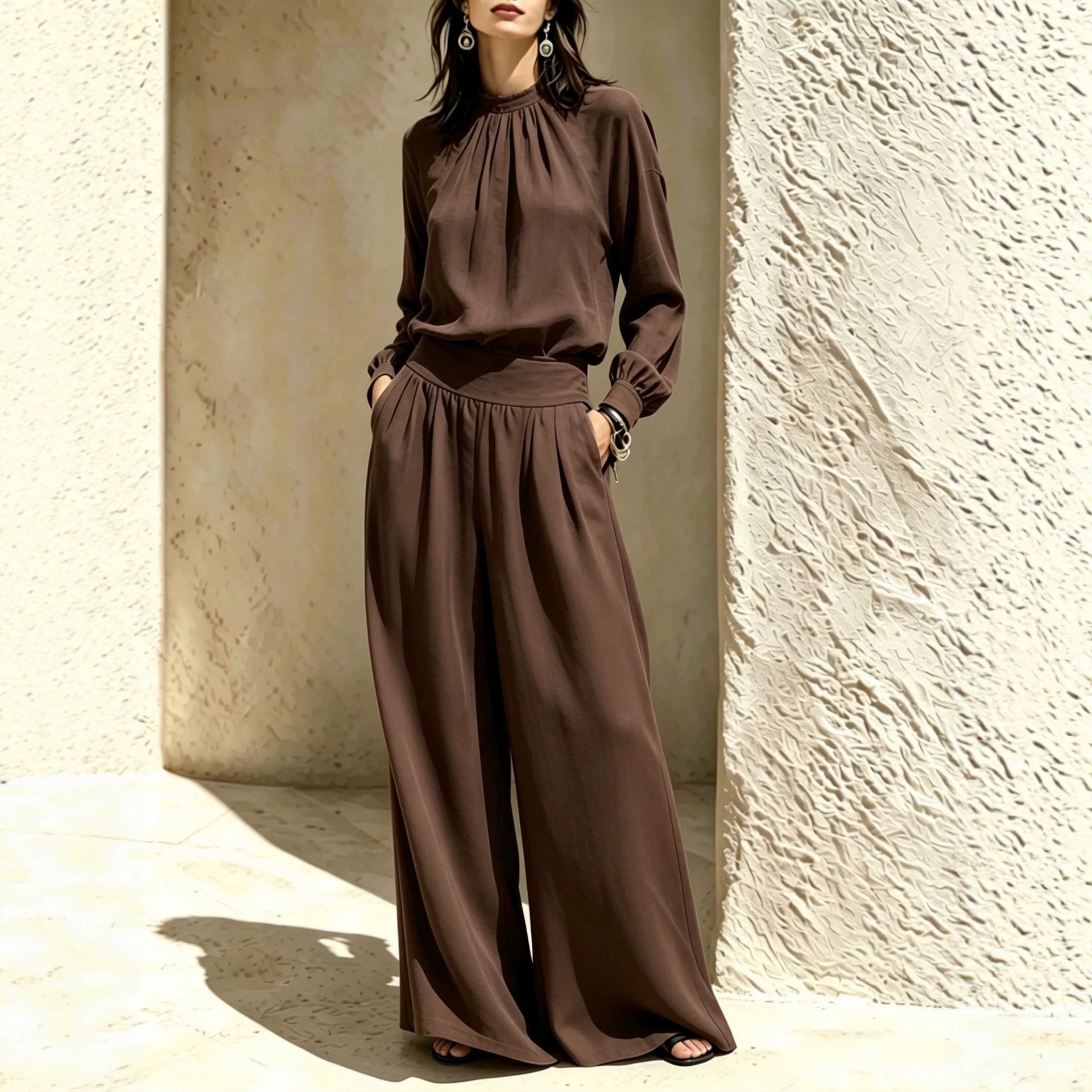 Casual Solid Color Long Sleeve Stand-up Collar Loose Fit Women's Fashion Set BlouseWide-leg Pants 