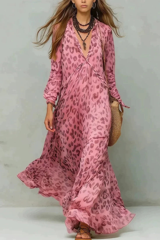 Leopard Print Chiffon Long Dress Deep V-Neck Three-Quarter Sleeve Flared Beach Vacation Dress 