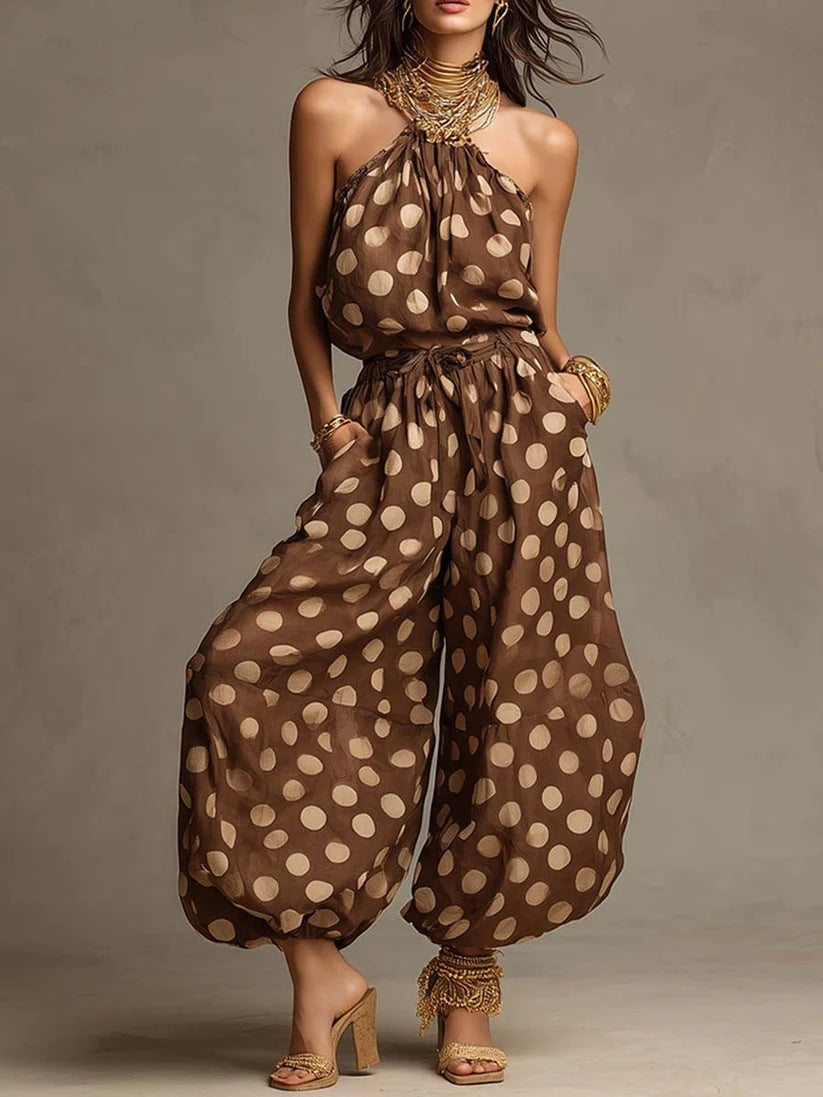 New  Polka Dot Halter Neck Women's Summer Bohemian Vacation Casual Beach Loose Wide-leg Jumpsuit 