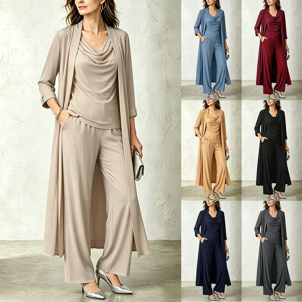 Long sleeved swing collar top long cardigan jacket long pants three piece set 