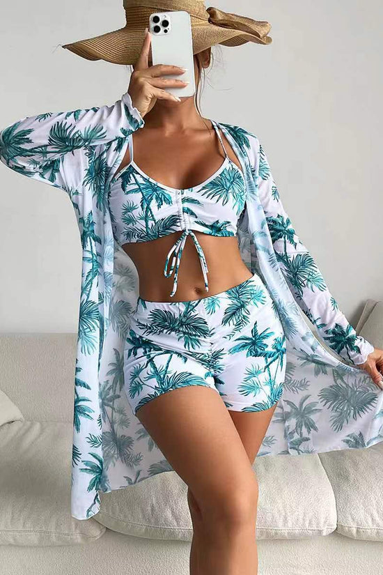 Fashionable Sexy Mesh Cover-Up with Leg-Length Briefs Three-Piece Swimwear Set for Women 