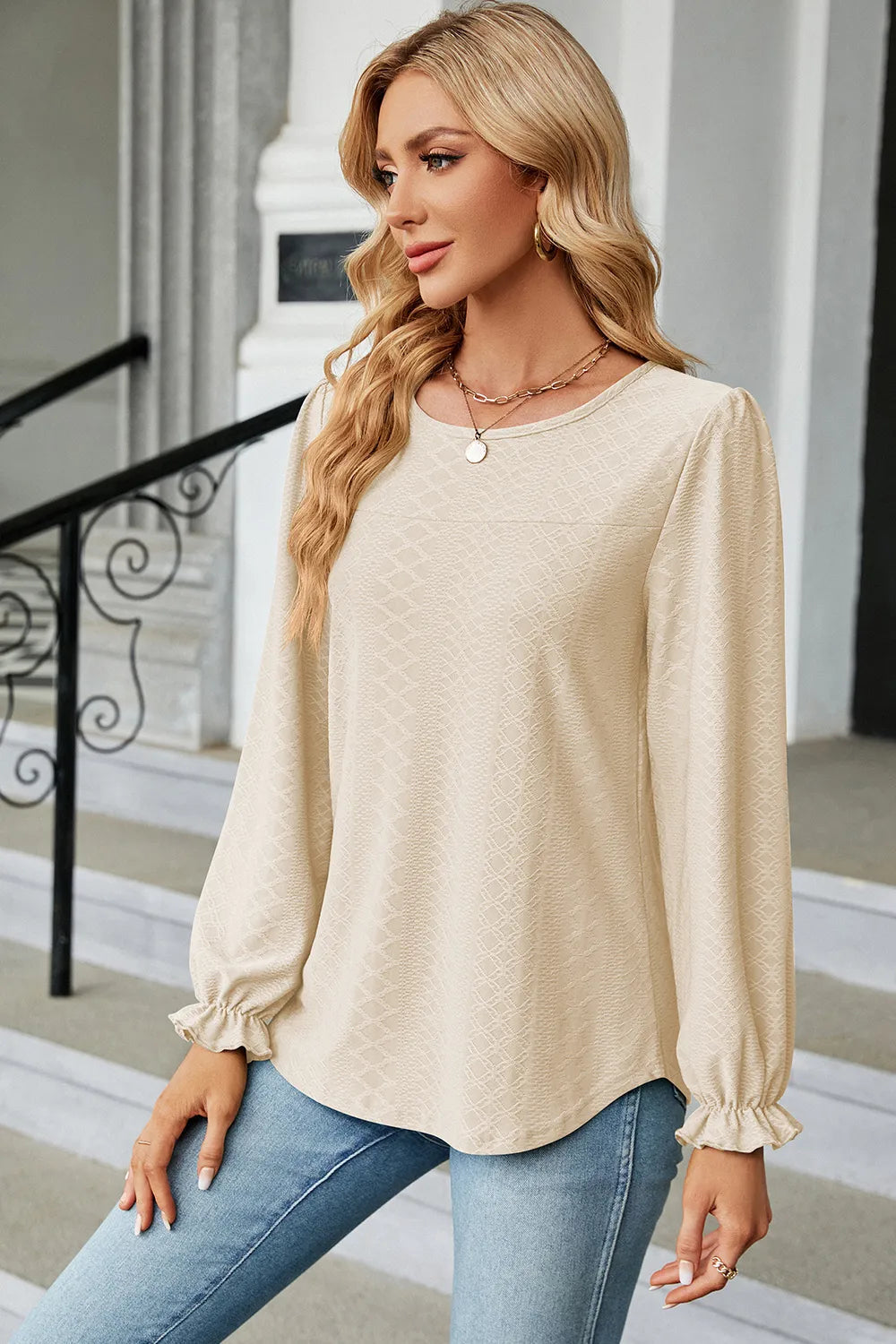 🌸 Round Neck Flounce Sleeve T-Shirt – Effortless Elegance for Everyday Wear eprolo