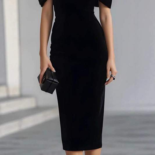 Chic Office Women's One-Shoulder Off-the-Shoulder Velvet Dress with Gold Thread 