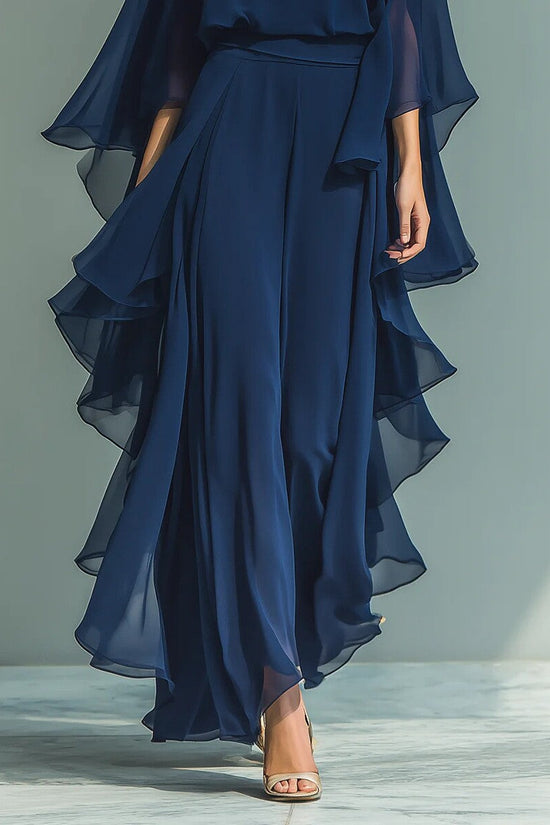Deep Blue Ruffle Wide-Leg Pants Set for Women, Fashion Elegant Two-Piece Long Sleeve Casual Pants 