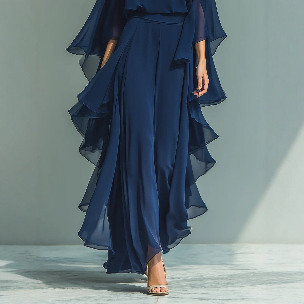 Deep Blue Ruffle Wide-Leg Pants Set for Women, Fashion Elegant Two-Piece Long Sleeve Casual Pants 