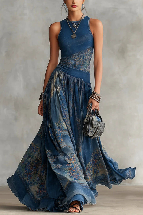 Printed sleeveless vest dress with elegant large swing round neck skirt 