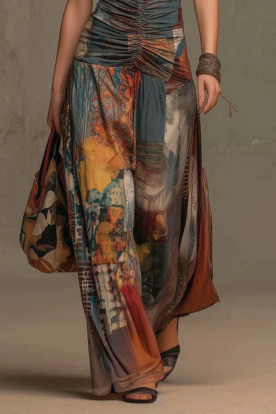 French Oil Painting Print Vintage Off-Shoulder Sexy Jumpsuit for Women Summer 