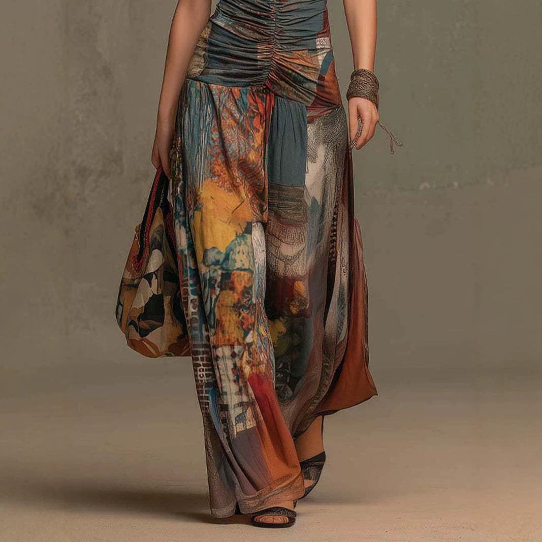 French Oil Painting Print Vintage Off-Shoulder Sexy Jumpsuit for Women Summer 
