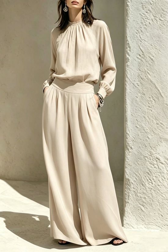 Casual Solid Color Long Sleeve Stand-up Collar Loose Fit Women's Fashion Set BlouseWide-leg Pants 