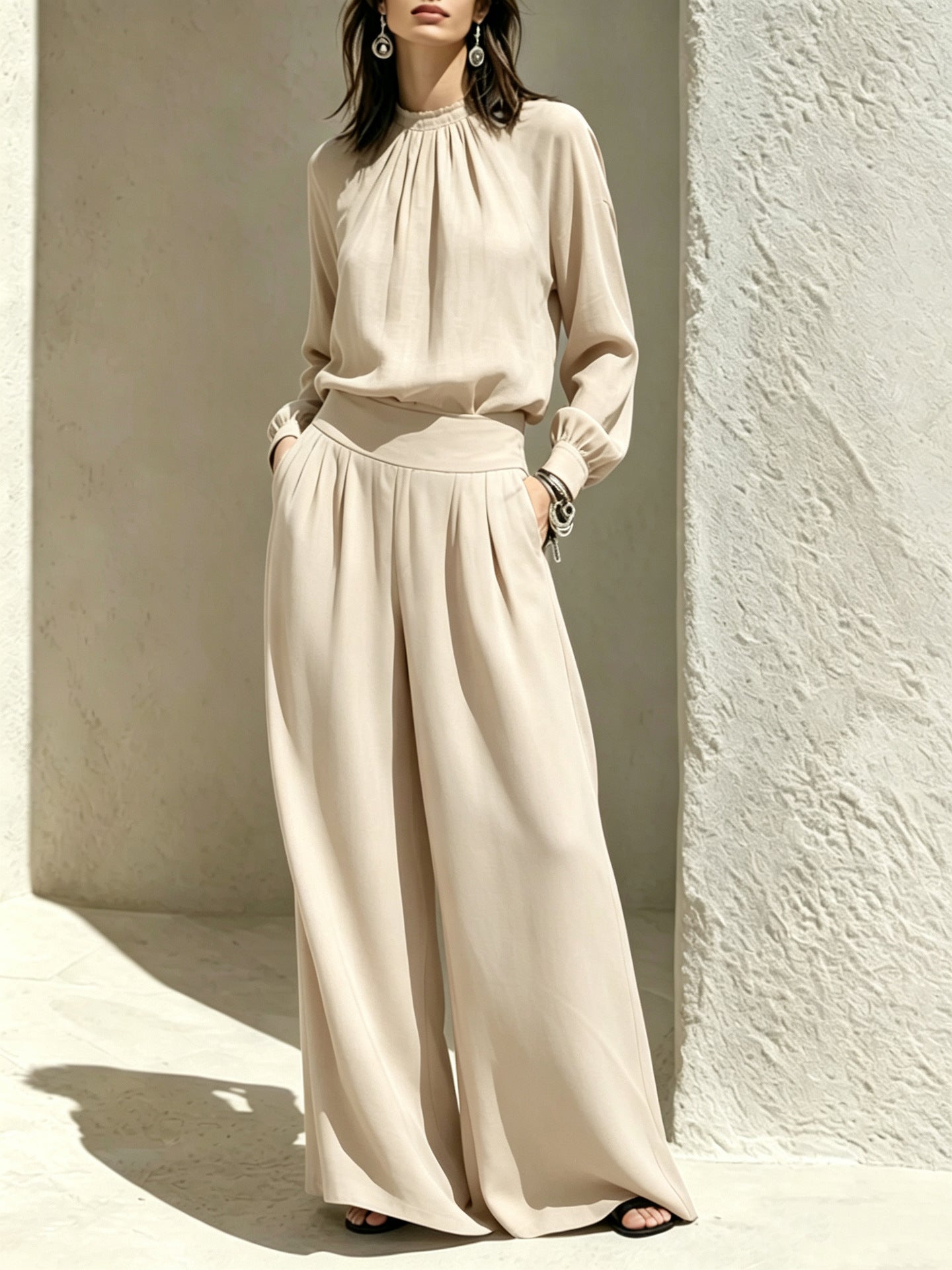Casual Solid Color Long Sleeve Stand-up Collar Loose Fit Women's Fashion Set BlouseWide-leg Pants 