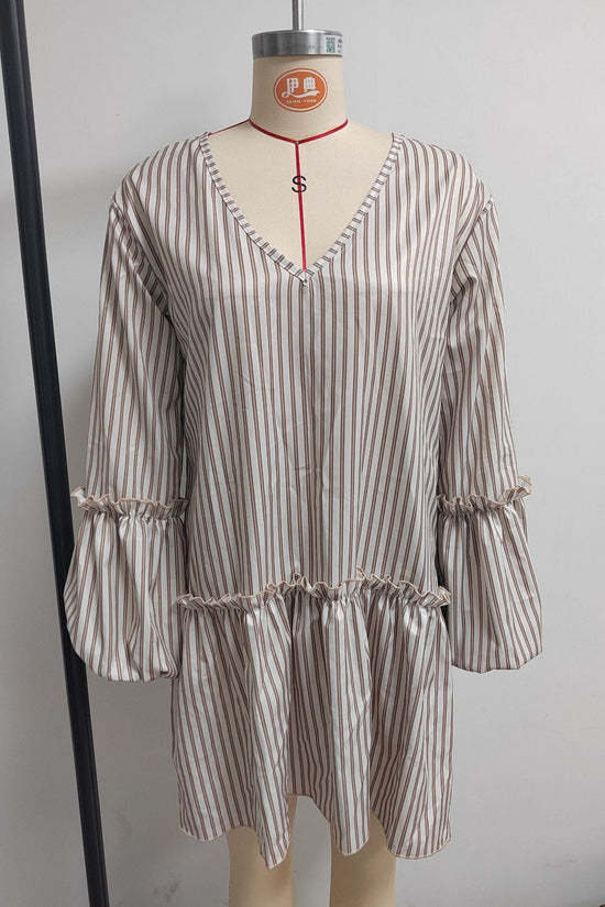 Style Autumn New Women's Long Sleeve Dress Stripe Print V-Neck Lantern Sleeve Loose Mini Dress 