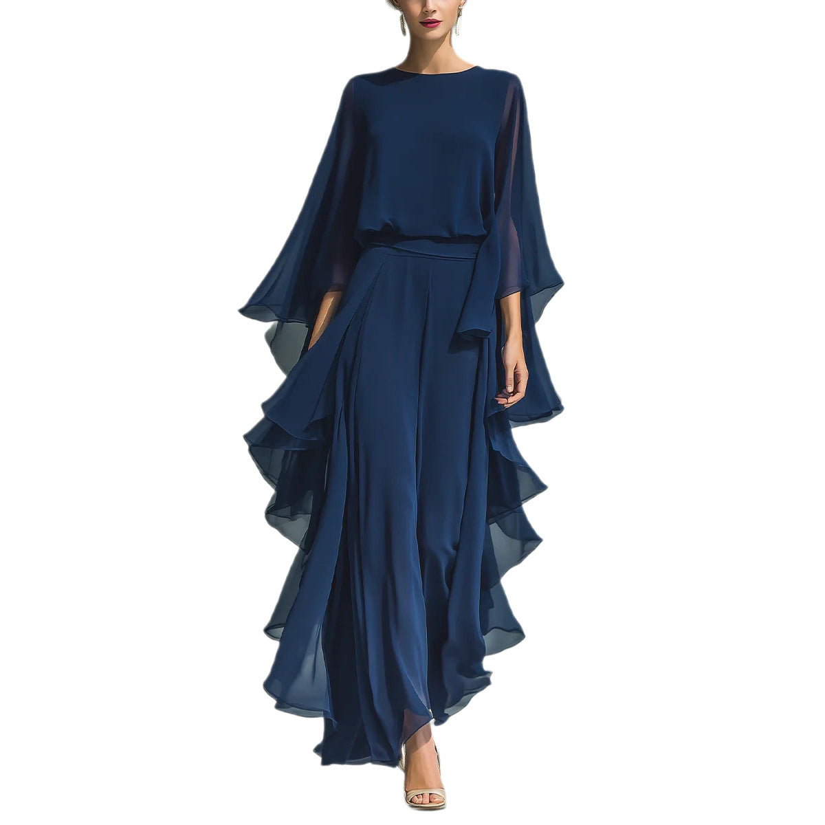 Deep Blue Ruffle Wide-Leg Pants Set for Women, Fashion Elegant Two-Piece Long Sleeve Casual Pants 