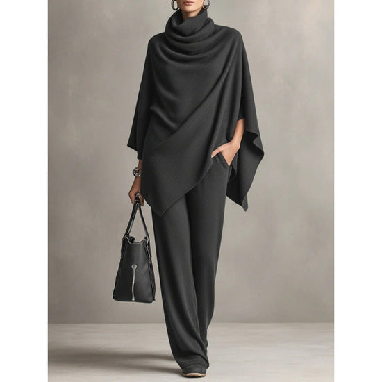 Autumn and Winter German Velvet Pile Collar Cloak Top+Wide Leg Pants Two Piece Set 