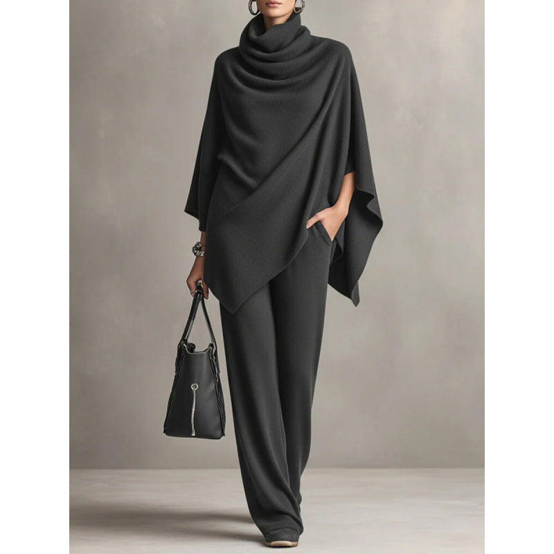 Autumn and Winter German Velvet Pile Collar Cloak Top+Wide Leg Pants Two Piece Set 