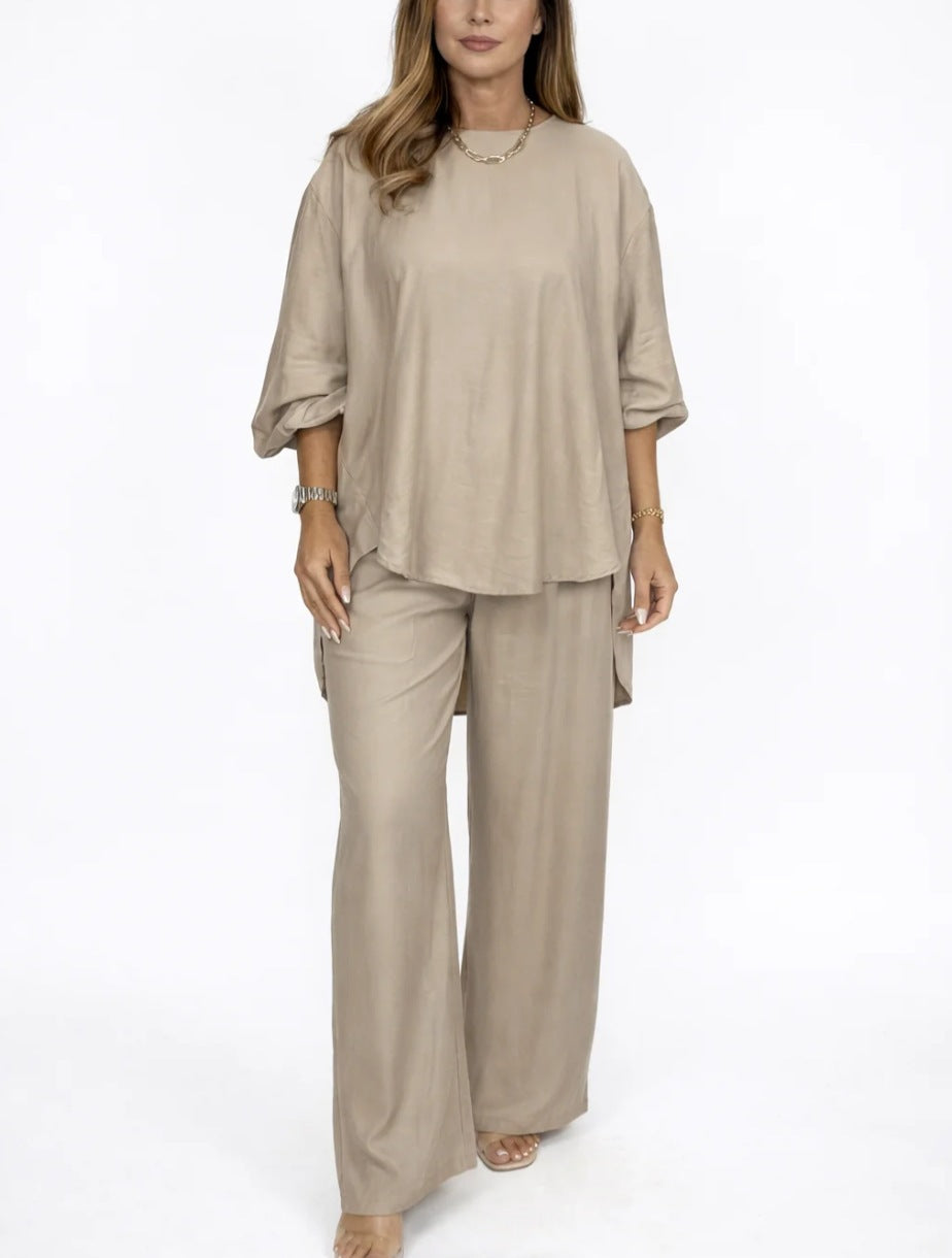 Solid color loose casual suit wide leg pants two-piece set 