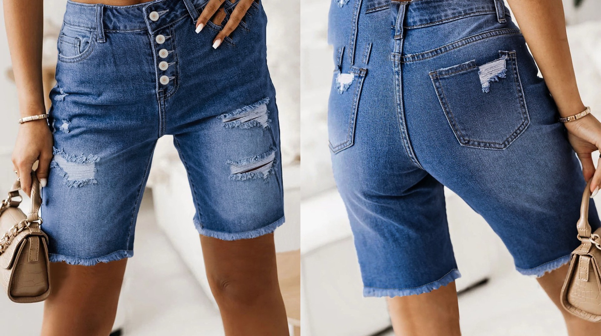 Cotton Denim Shorts Summer Mid-Length Frayed Hem Distressed Hot Pants 
