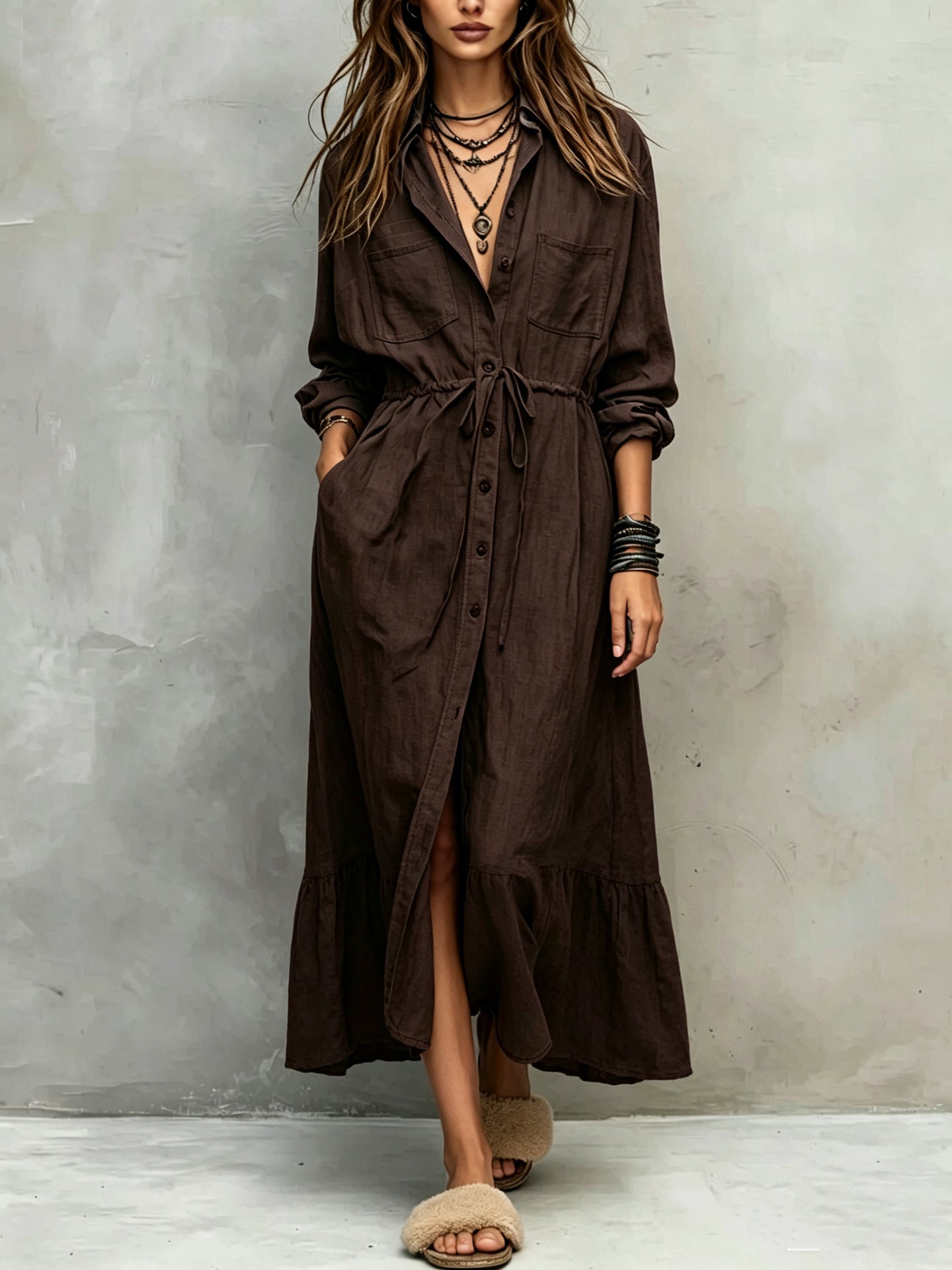 Spring and Autumn Casual Drawstring Waist Shirt Dress Loose Style for Women 