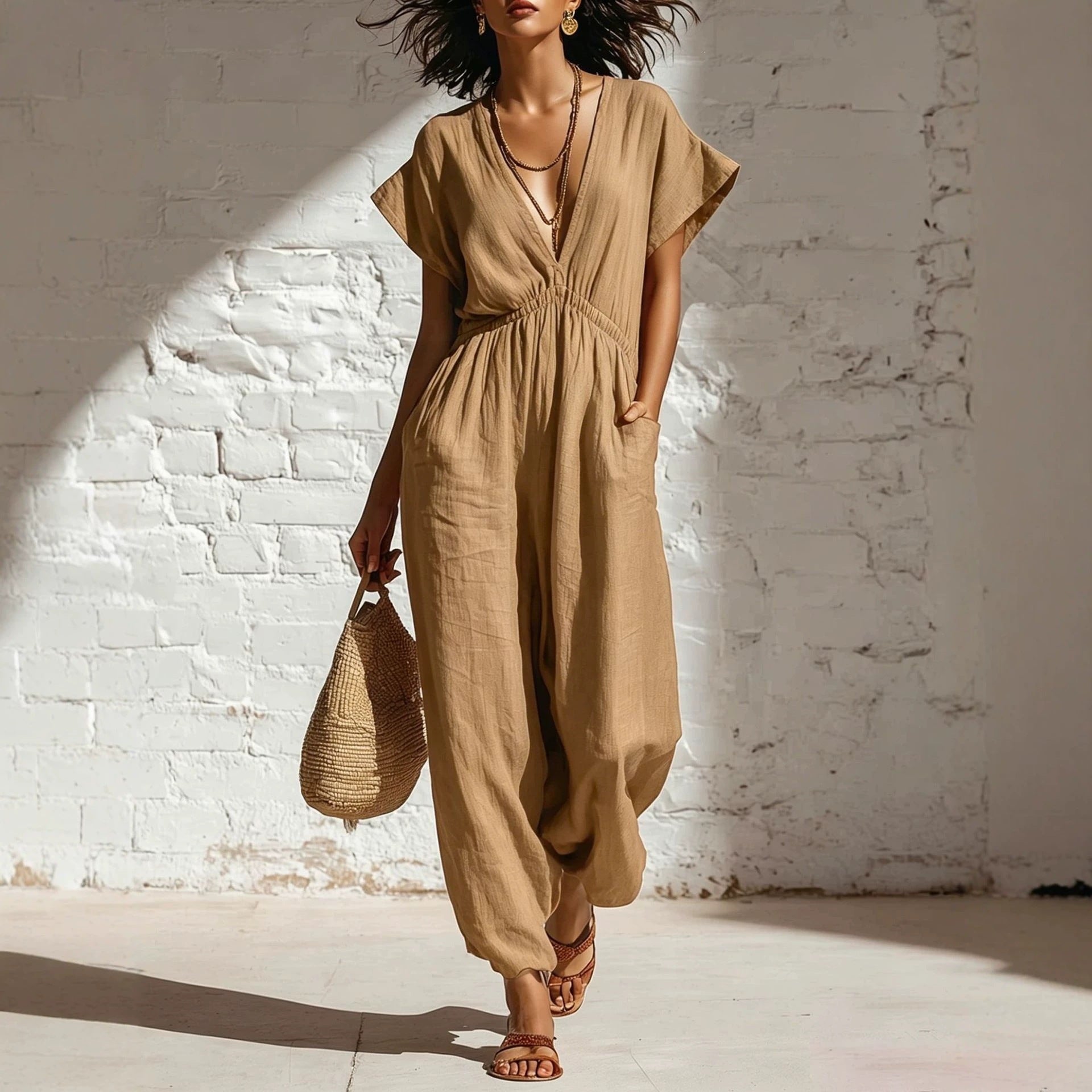 Deep V-neck loose fit pants for women 