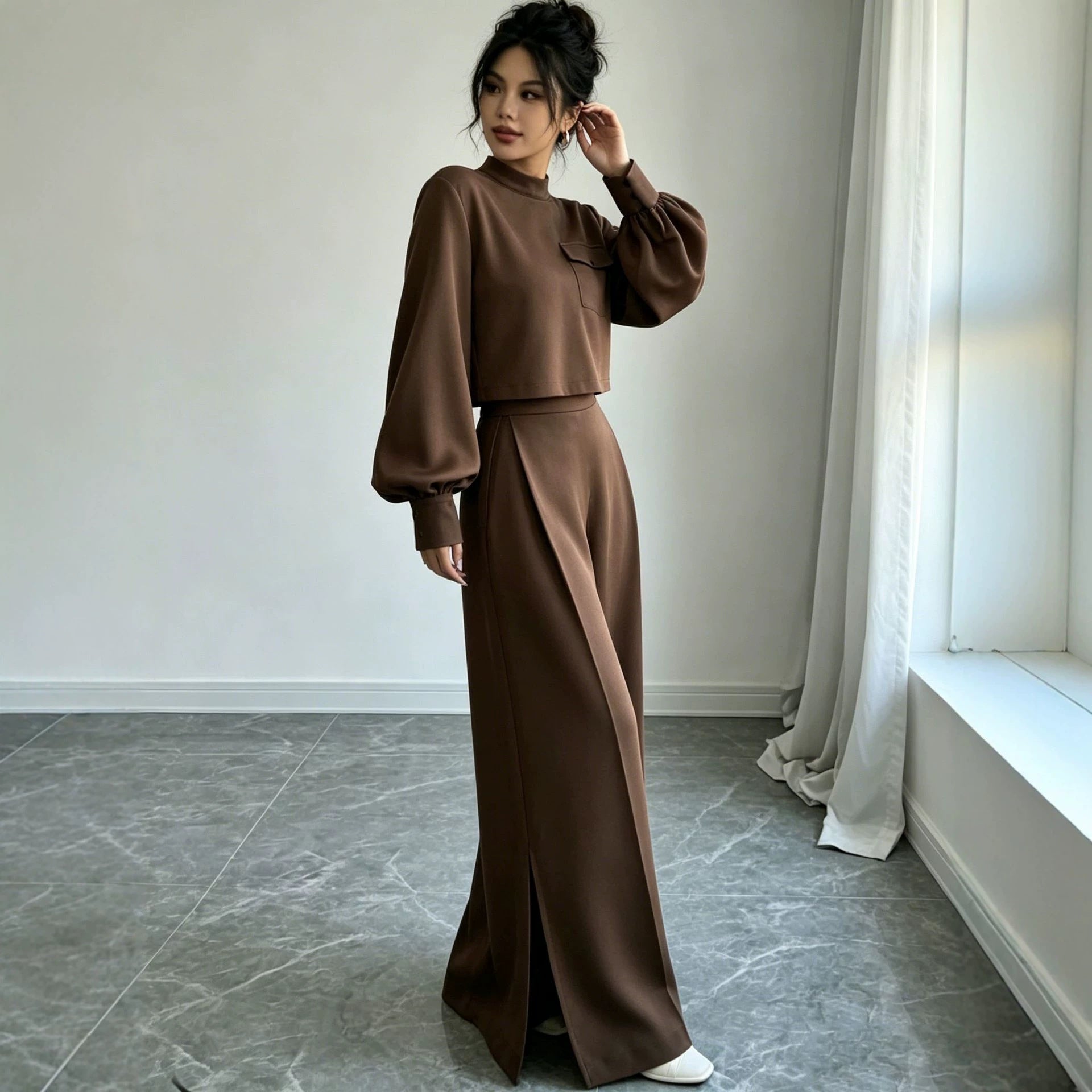 Solid color wide leg pants set for women 