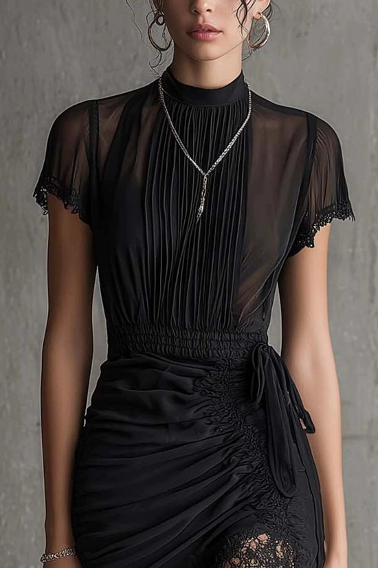 New European black see through lace patchwork dress, slim and tall, slit skirt with lace 