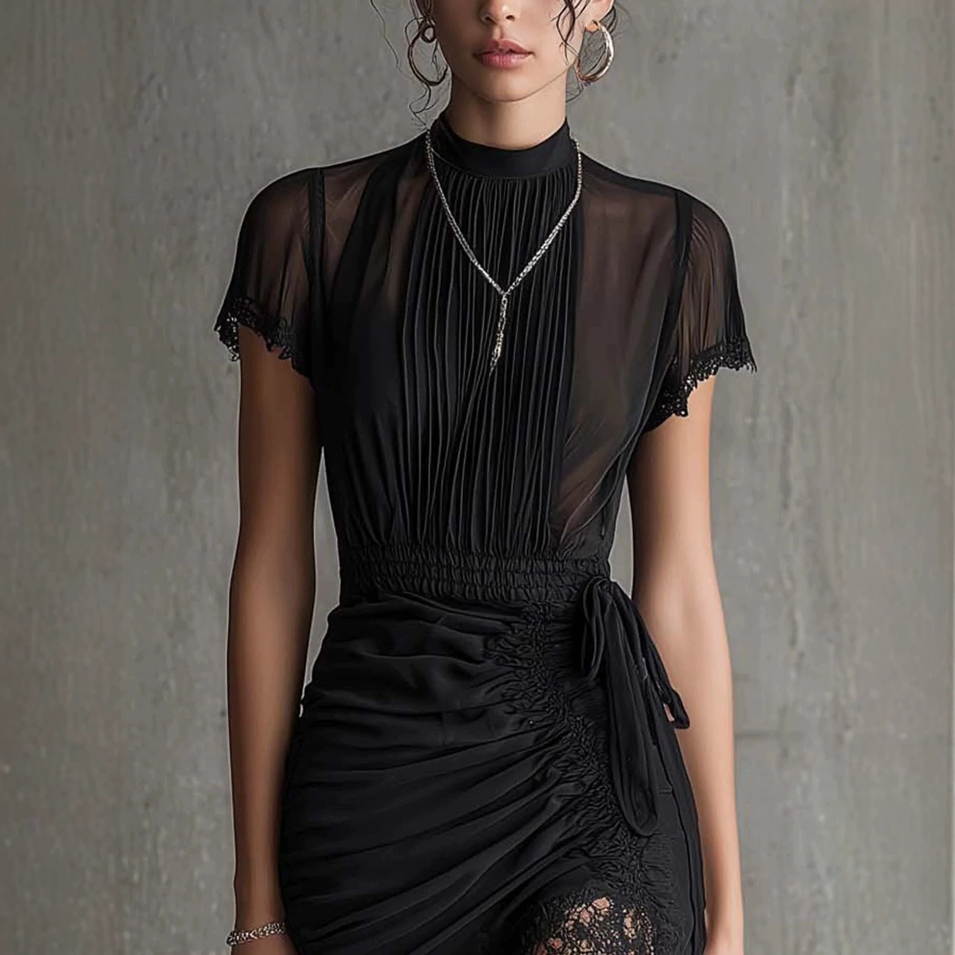 New European black see through lace patchwork dress, slim and tall, slit skirt with lace 