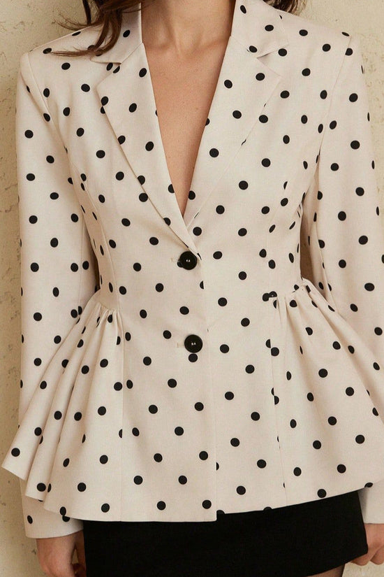 Chic Polka Dot Printed Blazer Coat for Women with Fitted Waist, Flared Skirt, Notched Lapel, Long Sleeve, Elegant Women's Suit Coat 