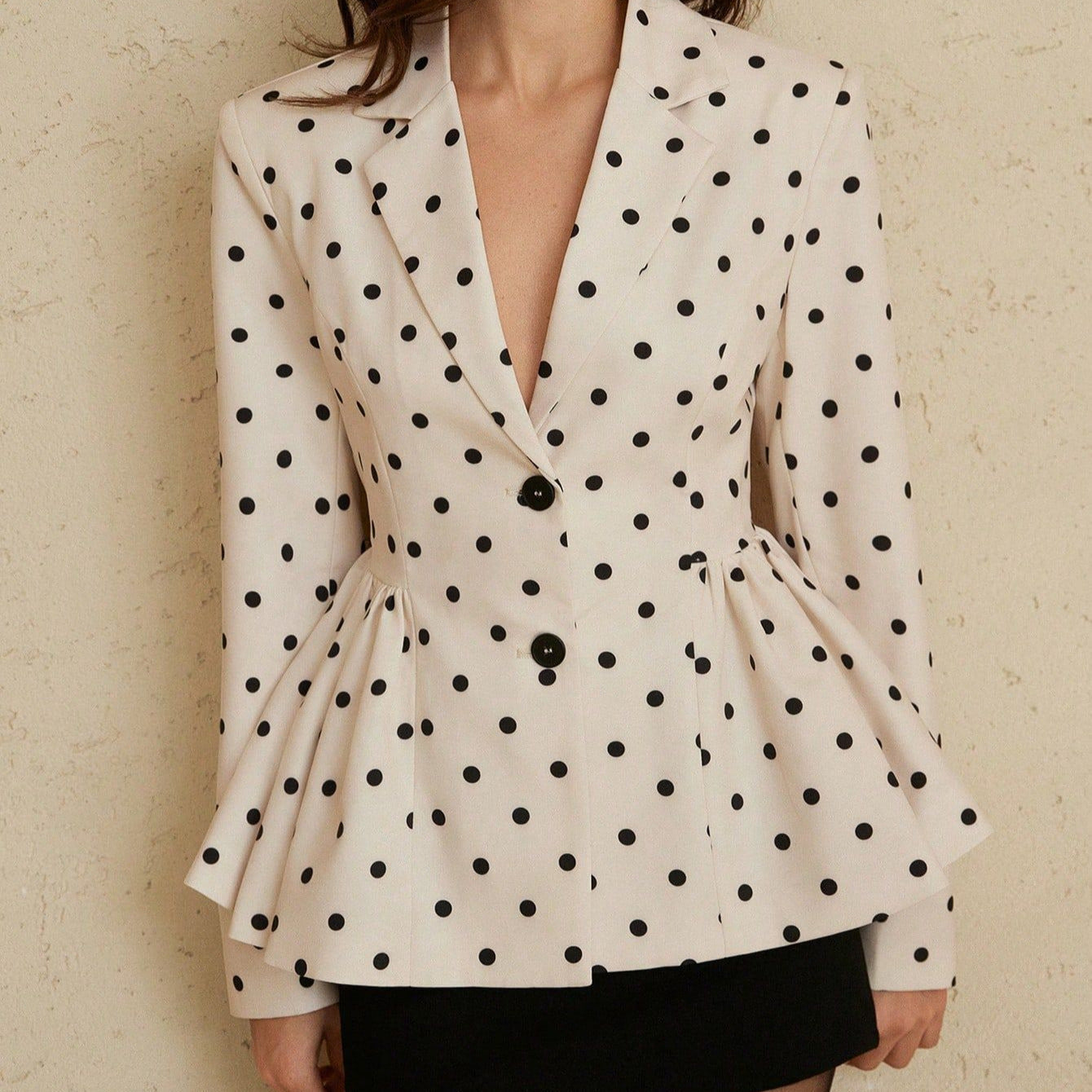 Chic Polka Dot Printed Blazer Coat for Women with Fitted Waist, Flared Skirt, Notched Lapel, Long Sleeve, Elegant Women's Suit Coat 