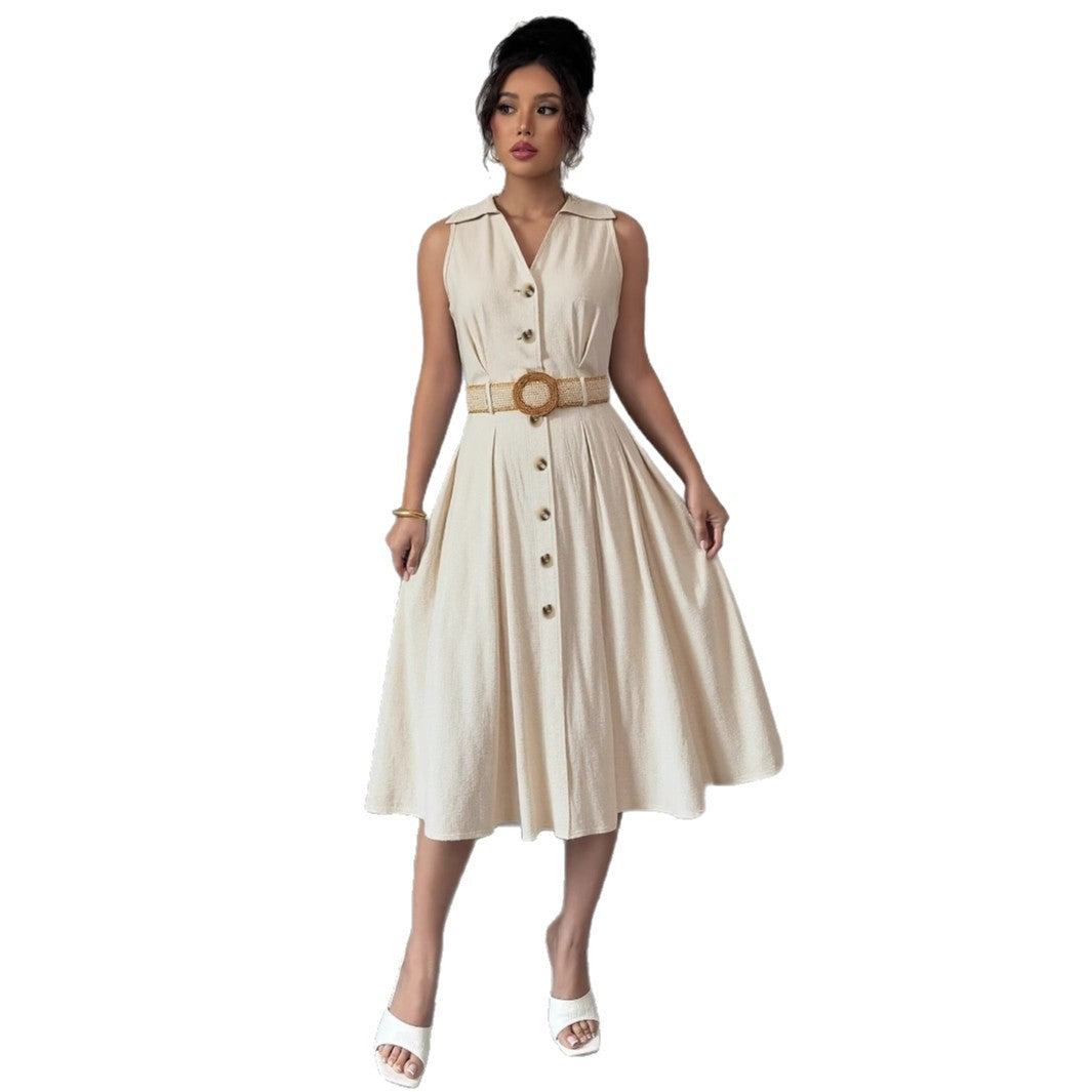 V-neck sleeveless breasted waistband A hem shirt dress for women 