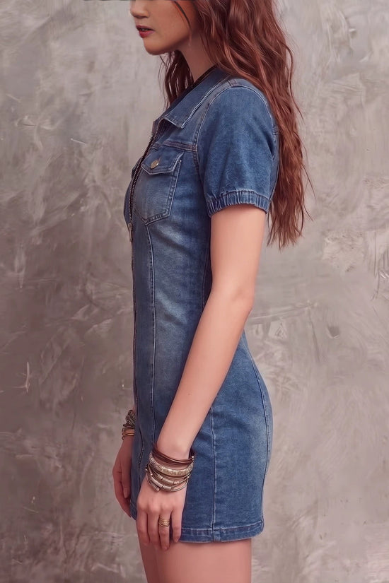 Fashion Elastic Fitted Denim Dress with Sexy Zipper Pocket Design Short Dress 