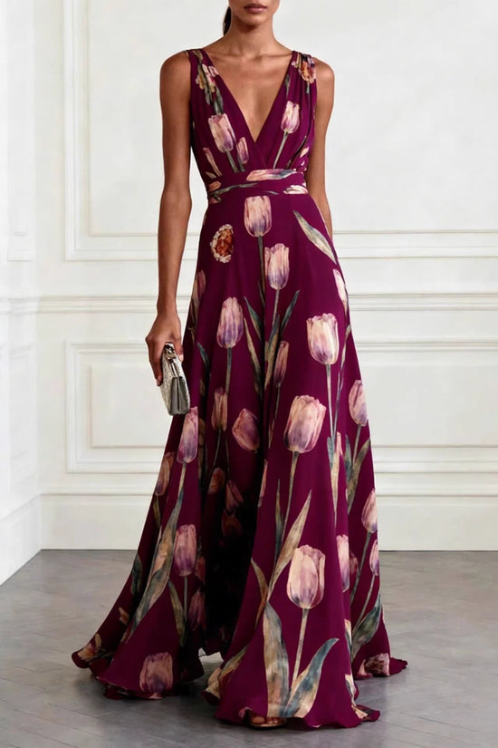 Elegant Tulip Print Evening Dress for Women Sleeveless V-Neck Chiffon Long Dress 