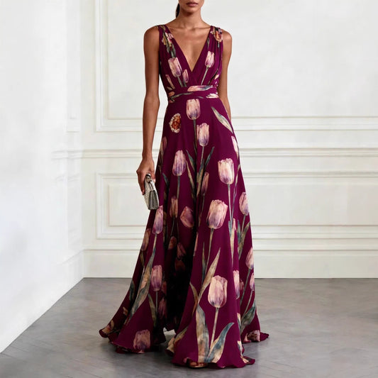 Elegant Tulip Print Evening Dress for Women Sleeveless V-Neck Chiffon Long Dress 