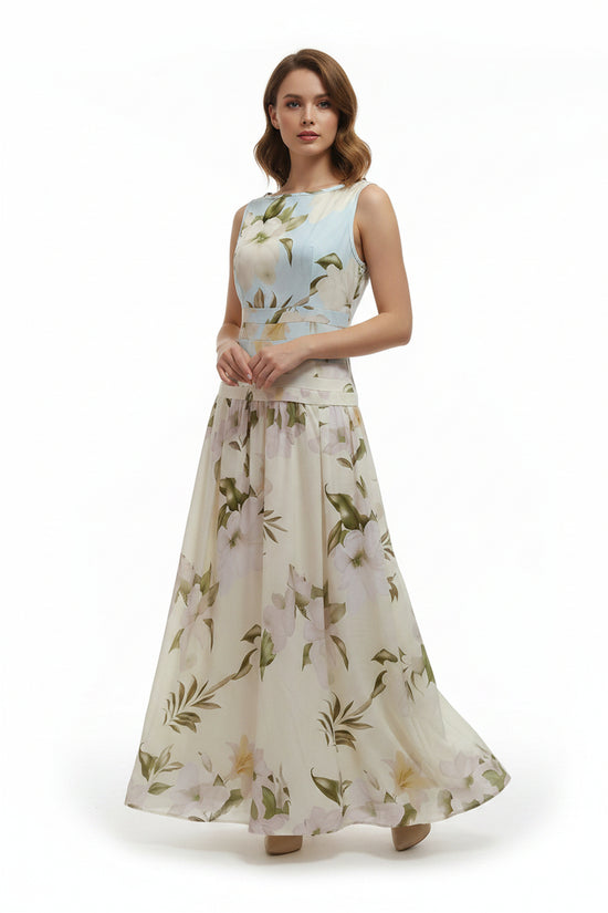 V-neck floral print women's dress sleeveless backless waist cinching long skirt 