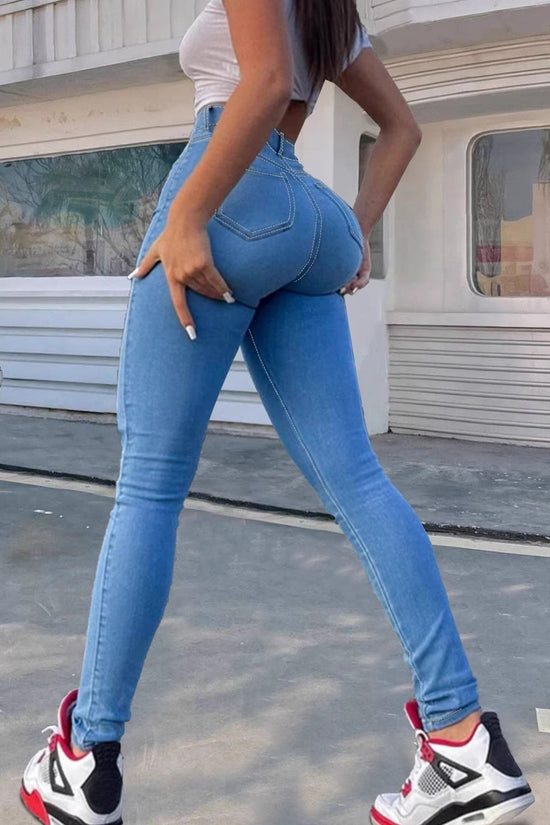 Light Blue Denim Skinny Pants Elastic Pencil Pants Casual Fashion Stretch Bottoms 