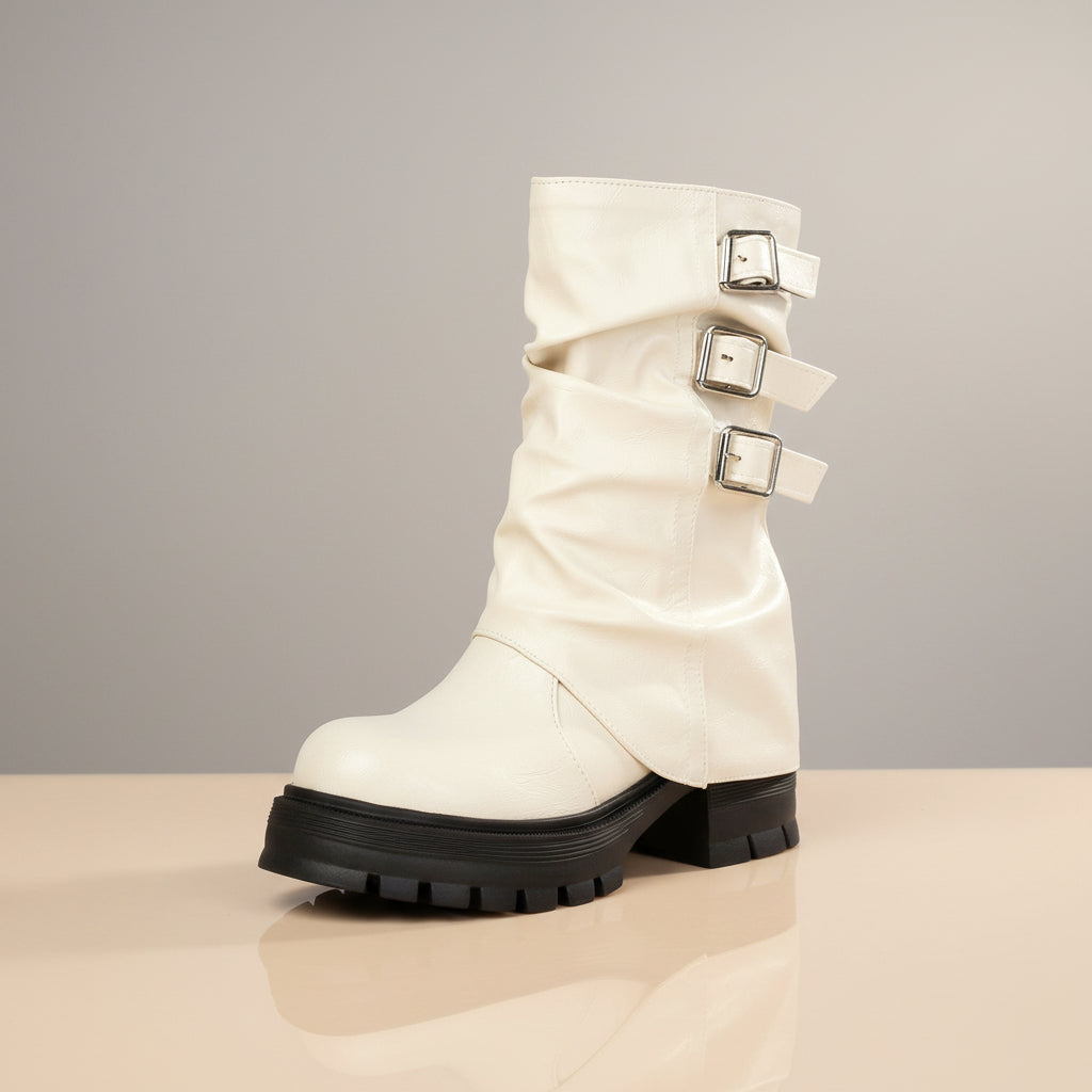 Autumn and winter thick soled high-heeled low cut women's boots with punk style leg cuffs and boots 