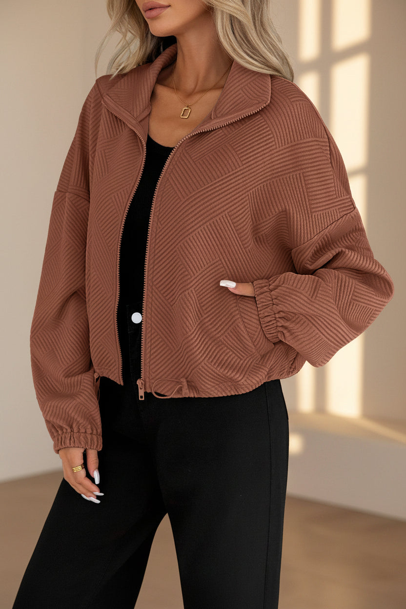 High neck zipper hem drawstring pocket women's loose jacket 