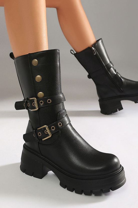 Supply Thick Sole High Heel Women's Boots  Punk Style Belt Buckle Ankle Boots 