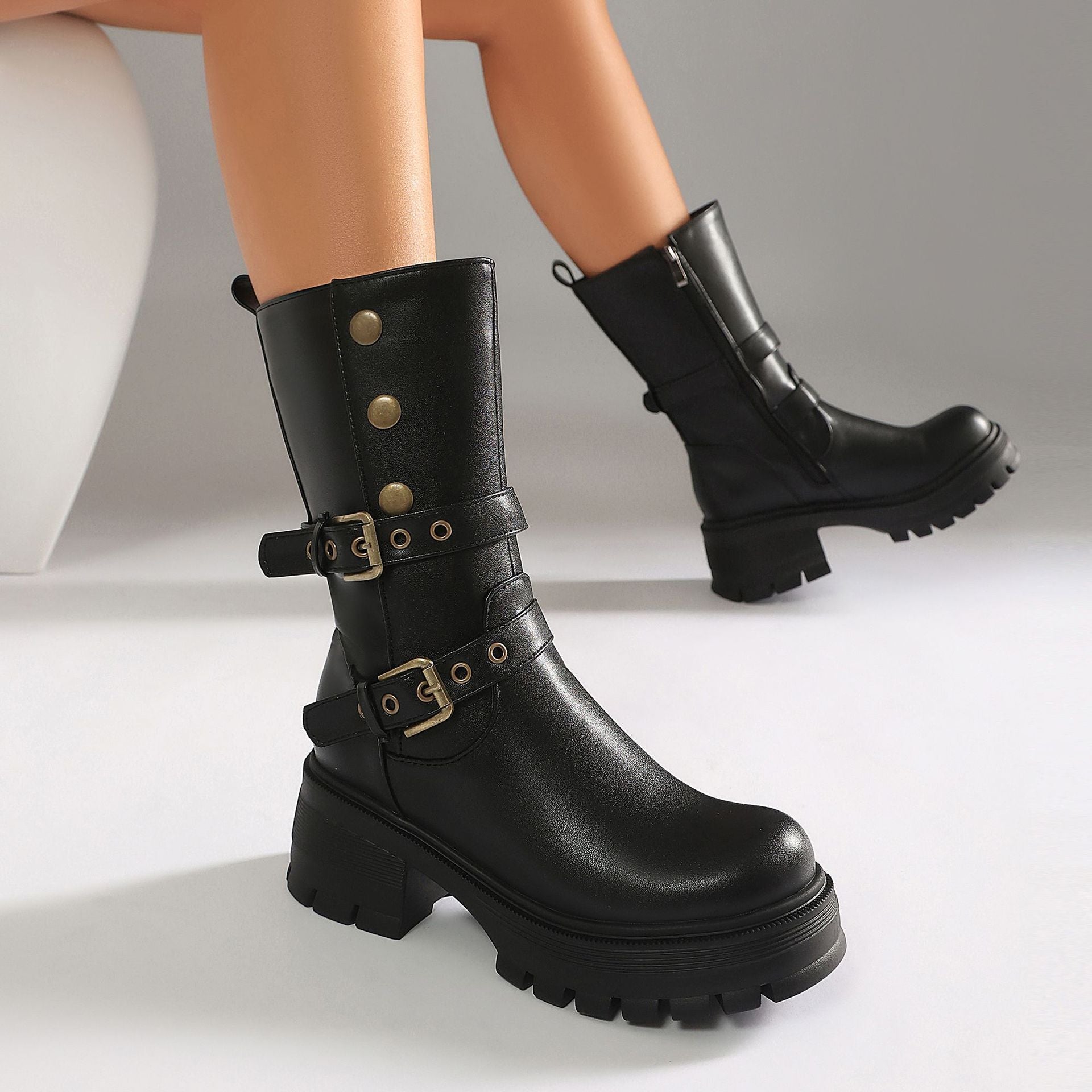Supply Thick Sole High Heel Women's Boots  Punk Style Belt Buckle Ankle Boots 