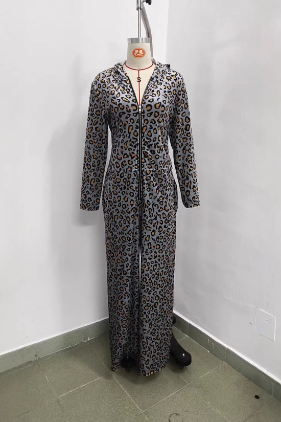 Leopard Print Long Sleeve Hooded Loose Fit Wide Leg Jumpsuit 