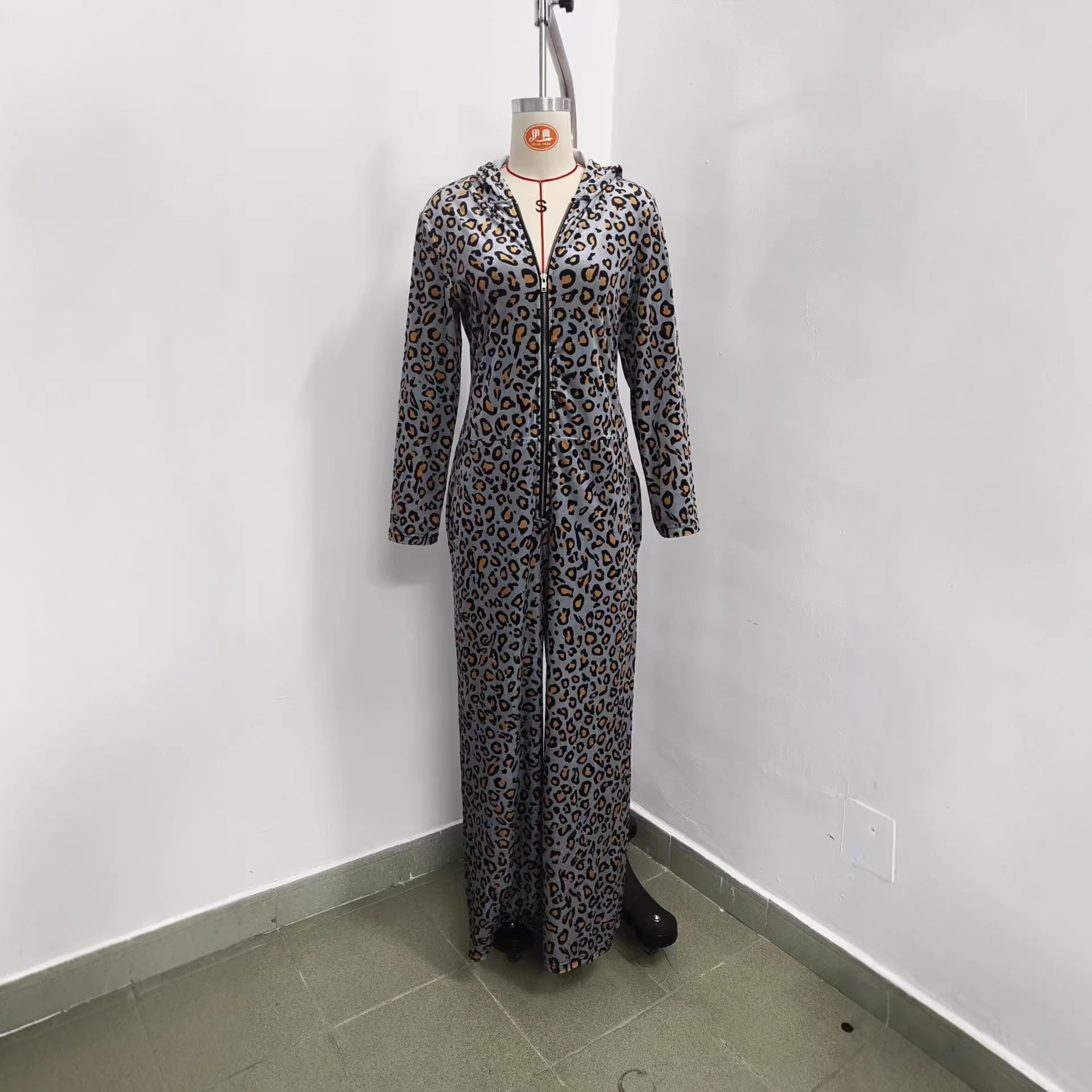 Leopard Print Long Sleeve Hooded Loose Fit Wide Leg Jumpsuit 