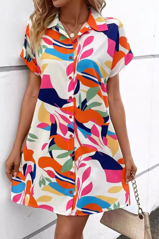 Summer New Fashion Colorful Floral Printed Open Front Short Sleeve Shirt Dress 