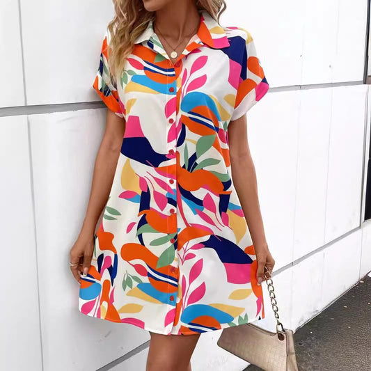 Summer New Fashion Colorful Floral Printed Open Front Short Sleeve Shirt Dress 