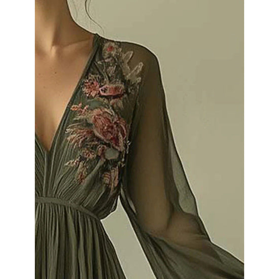 Printed long sleeved long collar dress long skirt 