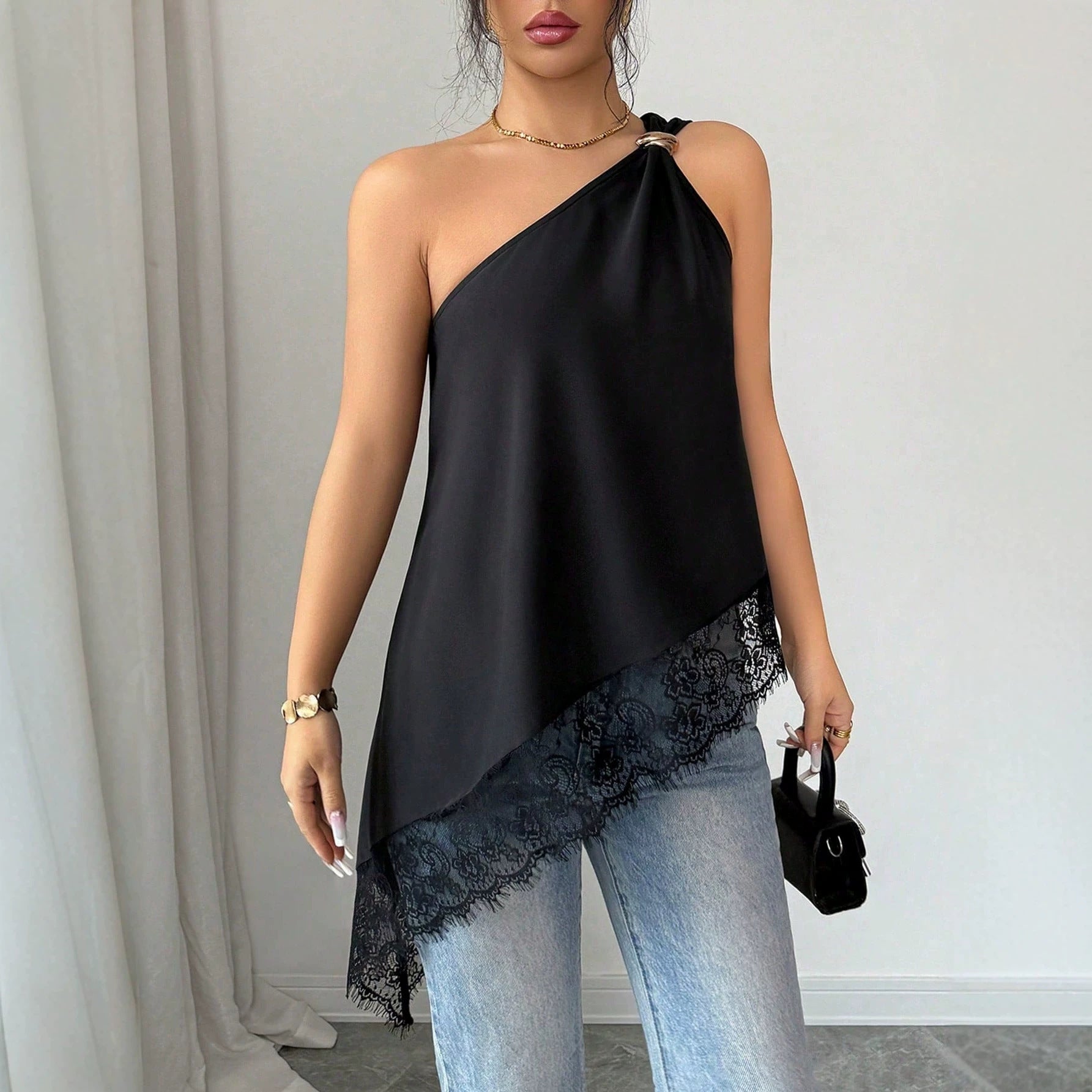 Slanted shoulder metal buckle lace patchwork irregular loose vest for women 