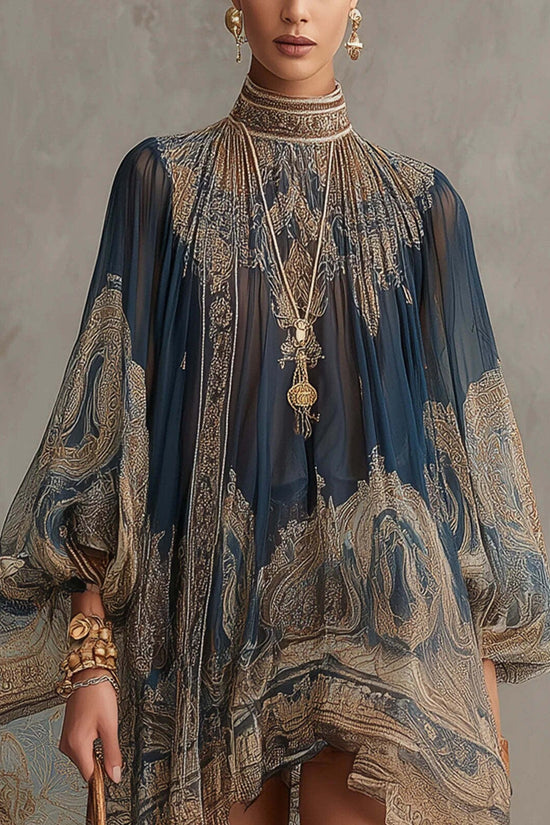 Printed Long Sleeve High Neck Loose Dress 