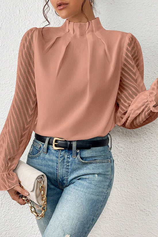 Autumn Winter New Women's High Neck Spliced Wave Pattern Chiffon Long Sleeve Top 