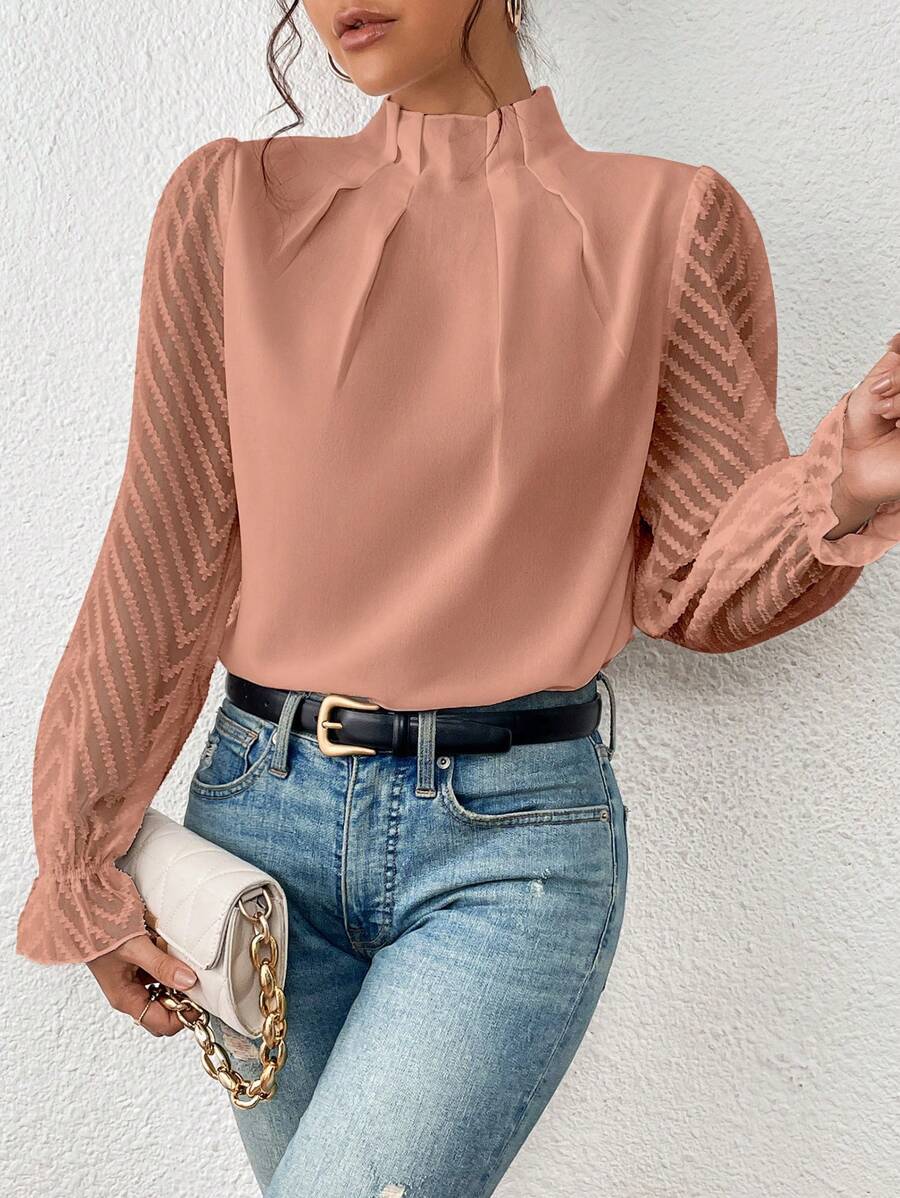 Autumn Winter New Women's High Neck Spliced Wave Pattern Chiffon Long Sleeve Top 