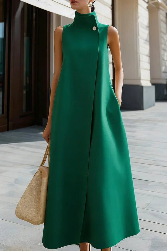 Elegant Sleeveless Long Dress with Stand Collar and Single Button Office Wear, Casual Fashion 