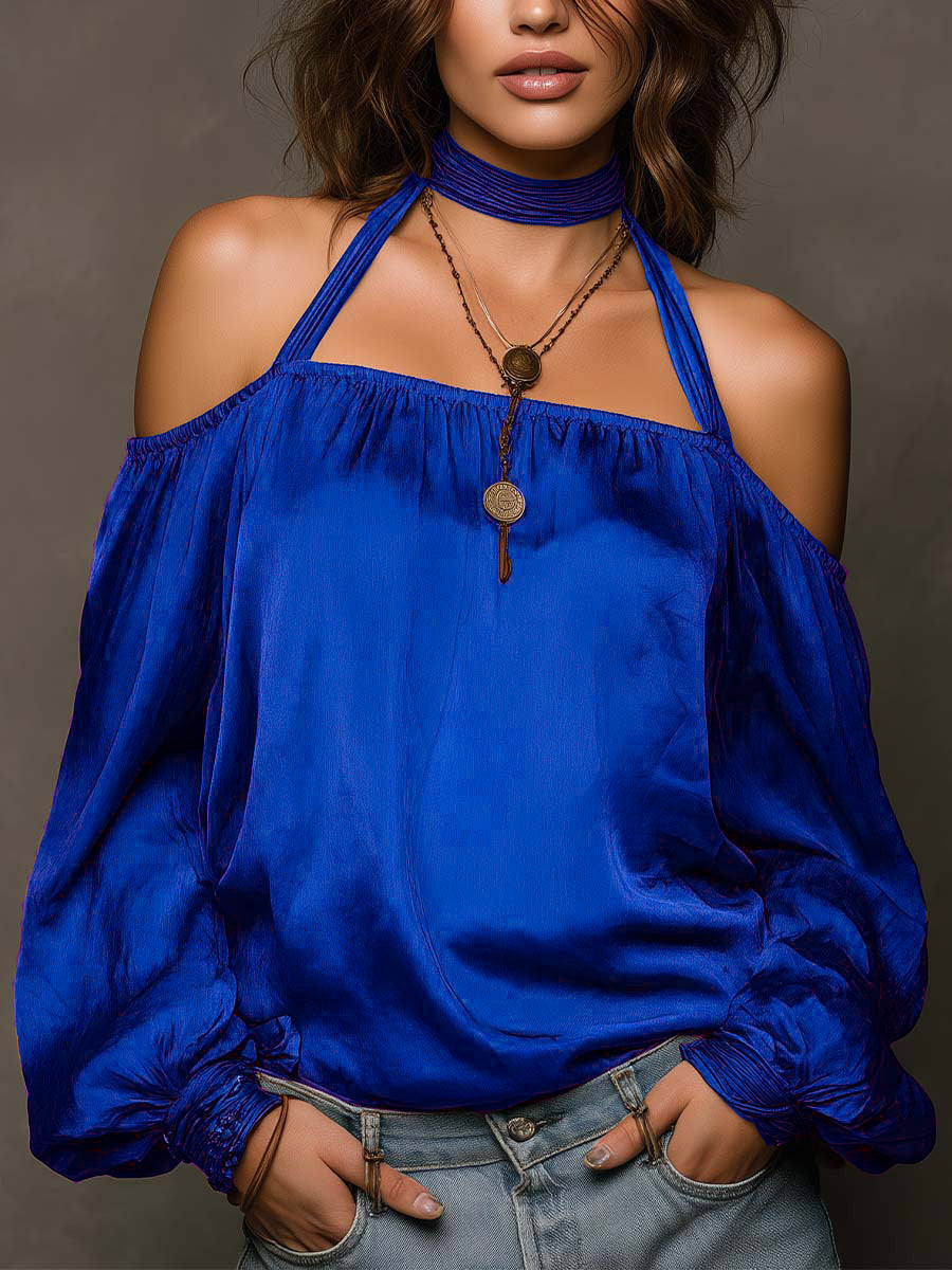 Chic Shoulder-Baring Matte Satin Blouse for Women Fashion Top 