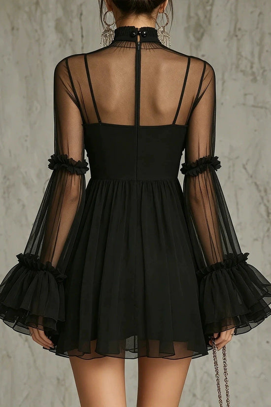 Floral Embroidered Sheer Lace Dress with High Neck and Flared Sleeve 