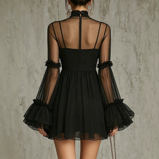 Floral Embroidered Sheer Lace Dress with High Neck and Flared Sleeve 